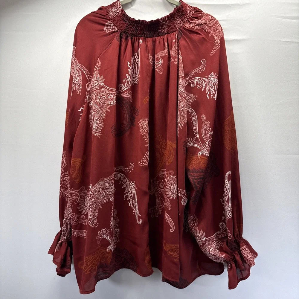 Cocomo Women's Top Size 4X Red Pink Long Sleeve Pullover Smocked Flowy Paisley - Picture 3 of 8